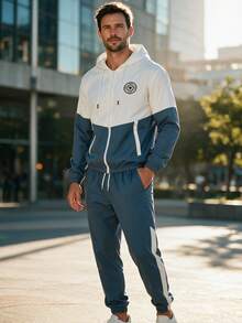 Men's Spring/Autumn Colorblock 2-Piece Sports Set | Hooded Zip-Up Jacket + Drawstring Cuffed Pants, Compass Print Casual Outdoor Outfit - Blue - View 2