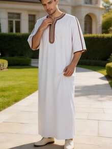 Fashionable Arabic Men's Robe, Short Sleeve Design And Round Neck, Suitable For Prayer, Elegant Casual Men's Arabic Robe, Suitable For Ramadan Occasions, Soft Texture, Traditional Arabic Men's Robe, Men's Short Sleeve Embroidered Robe, Arabic Traditional Clothing, Middle East Dubai Abaya, Breathable Loose Robe, Suitable For Eid, Ramadan And Daily Wear - White - View 4