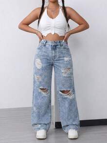 Women's Plus Size Distressed Loose Fit Denim Jeans, Y2K Retro Denim Style, With Pockets And Zipper - Blue - View 6