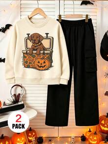 Kostum Halloween Anak Laki-Laki, Termasuk Kaos Lengan Panjang Berkerah Bulat Bermotif Anak Anjing dan Celana Kargo, Set Kasual Lembut dan Nyaman - MultiWarna - View 2