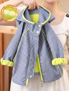 Áo khoác hoodie dài tay cho bé gái, phong cách thời trang thường ngày, phối màu colorblock họa tiết kẻ caro, có cúc bấm và khóa kéo, mùa xuân/thu - Màu xanh lam - Xem 1