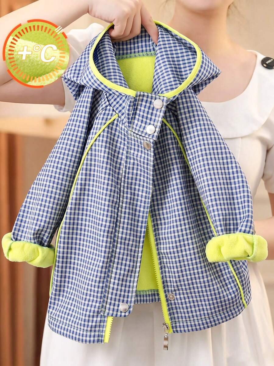 Áo khoác hoodie dài tay cho bé gái, phong cách thời trang thường ngày, phối màu colorblock họa tiết kẻ caro, có cúc bấm và khóa kéo, mùa xuân/thu - Màu xanh lam - Xem 1