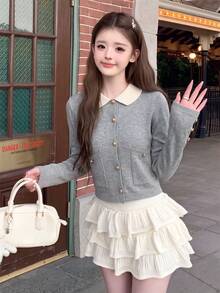女款秋冬韓式甜美拼色彼得潘領針織開襟衫，通勤旅行適用，萬聖節、聖誕節、新年氛圍秋季風格 - 灰色 - 查看 7