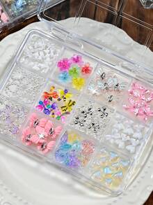 12格混色3D美甲飾品套組，樹脂蝴蝶結蝴蝶花朵愛心美甲水鑽珍珠，可愛多色美甲藝術裝飾DIY美甲用品 - 彩色 - 查看 4