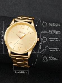 Women's Alloy Band Classic Minimalist Roman Numeral Dial Elegant Quartz Watch, Gift For Girlfriend (1pc/Set) Watch Box Not Included - Gold - View 3