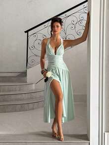 Summer Dress, Green-Toned Neckline High Slit Party Dress For Ladies, Elegant Dress. Suitable For Dates, Parties, Travels, Beaches And Other Occasions. - Green - View 4