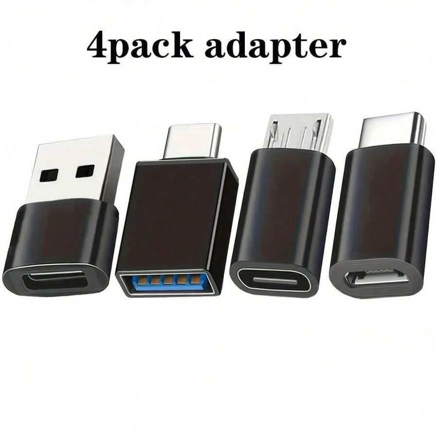 4个黑色USB转USB-C适配器，USB Type C母头转USB适配器，Micro USB转USB-C母头转公头转换器，兼容笔记本电脑、汽车、智能手机和耳机
