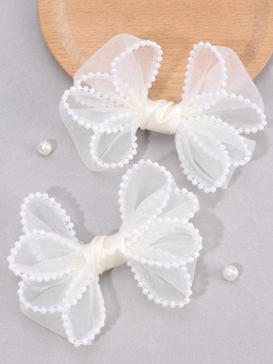 2pcs Pink/White Tulle Bow Hair Clips, Pearl Chain Trim Princess Style Elegant Hair Accessories, Suitable For Birthday, Wedding, Spring/Summer Daily Wear - Multicolor - View 1
