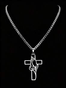 Hollow Cross Praying Hands Pendant Necklace For Women Men Stainless Steel Silver Color Christian Faith Chain Amulet Jewelry - Necklace - View 5