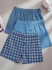3pcs/Pack Men's Underwear, Polyester Fabric, Soft Plaid Pattern Design, Loose Shorts Style, With Button Fly, Suitable For Daily Wear - Multicolor - View 2