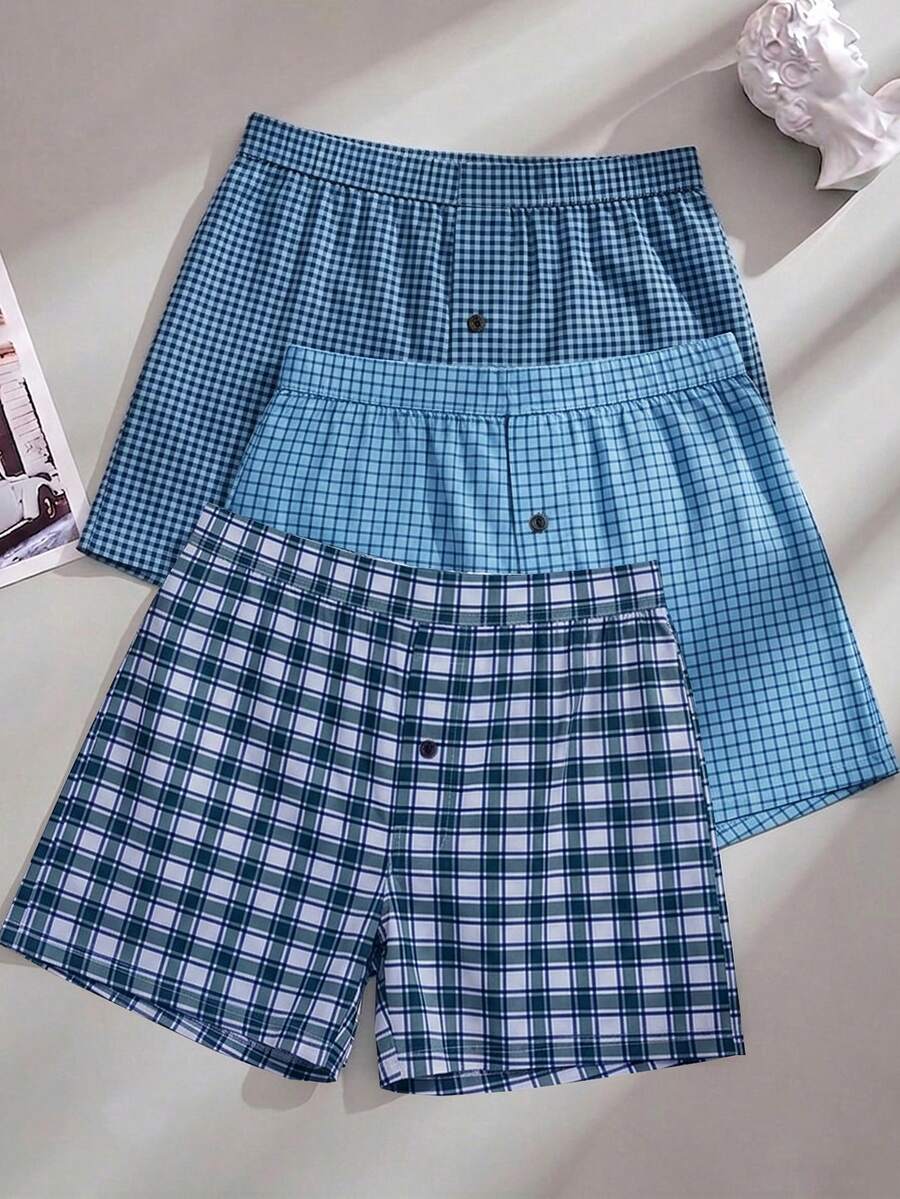 3pcs/Pack Men's Underwear, Polyester Fabric, Soft Plaid Pattern Design, Loose Shorts Style, With Button Fly, Suitable For Daily Wear
