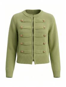 Women's Green Military Style Knitted Cardigan Sweater, Gold Buttons, Long Sleeve High Elasticity Pullover, Suitable For Autumn/Winter Wear - Green - View 10