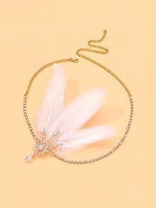 1pc 1920s Flapper 3 White Feather Headband With Rhinestone & Pearl Dangle Pendant, Gatsby Women's Evening Party Headpiece - Rhinestones - View 5