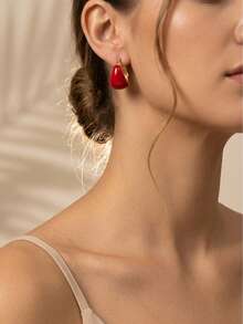 1 Pair Colorful Enamel Teardrop Hoop Earrings, Water Drop Earrings, Minimalist Daily Fashion Jewelry For Women Wedding/Party/Daily Wear - Red - View 11
