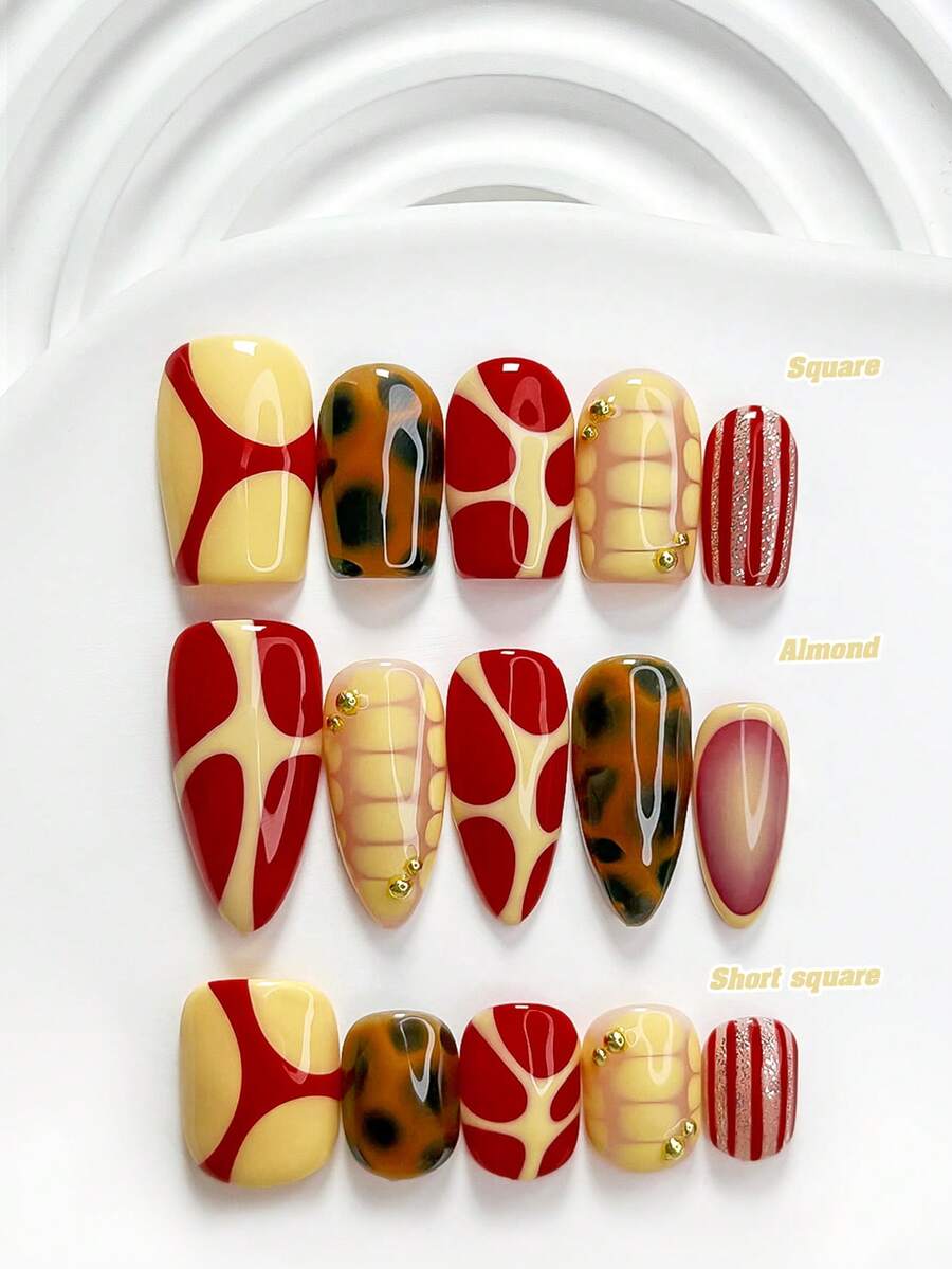 10片裝復古Y2K風格手工穿戴甲,Polygel美甲套組,條紋與奶牛印花圖案,紅黃配色,甜酷風格,附美甲工具,3種尺寸可選,方型、短方型、杏仁形,適合派對、舞蹈、日常配戴 - 彩色 - 查看 1