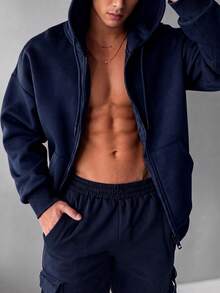 Men's Full Zip Hooded Sweatshirt, Solid Color Loose Casual Long Sleeve Jacket - Navy Blue - View 2