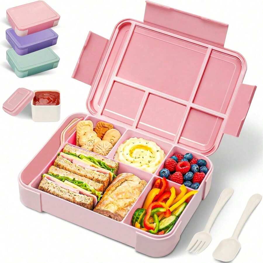 Cute Pink Bento Box Set With Spoon, Fork And Sauce Container, Multi-Compartment Leak-Proof Large Capacity Food Container, Suitable For School Cafeteria Picnic Portion Control Box, Back To School Gift