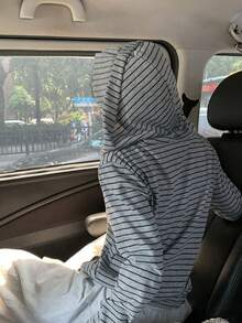 Women's Slouchy Striped Zipper Long Sleeve Hooded Cover Up Jacket, Short Length Sun Protection Cover-Up Top - Grey - View 5