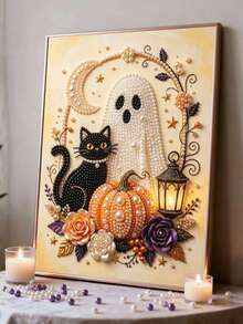 1pc/3pcs Pearl Painting Set Halloween Ghost Round Half Pearl Rhinestone Art Craft For Adults Home Wall Decoration Surprise Holiday Gift, Unframed - No Frame - View 2