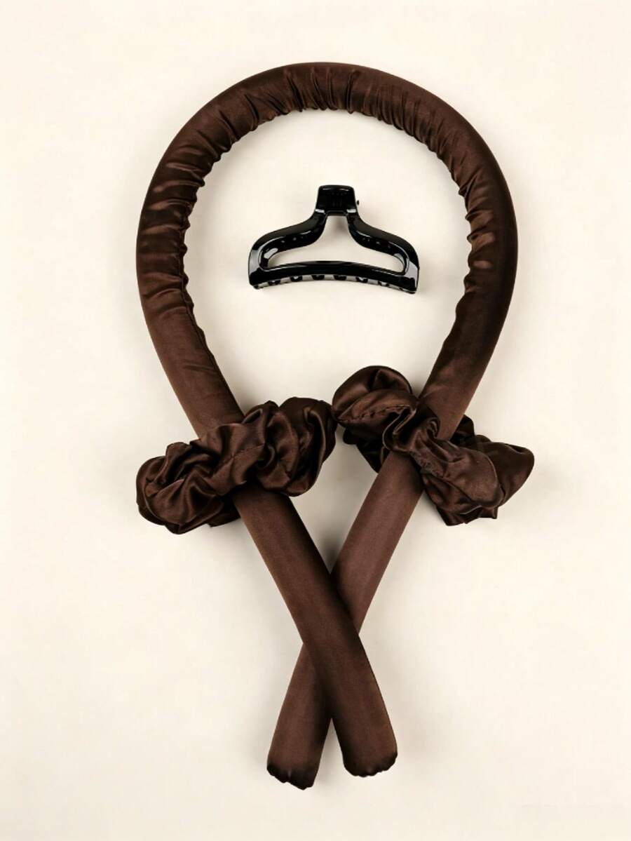 Chocolate Brown Solid Color Satin Scrunchie Curling Iron Fishtail Hair Claw Combo Set 4 Pcs - Chocolate Brown - View 1