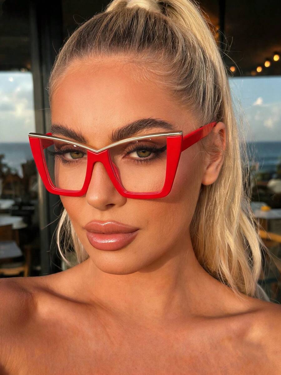 2 Pairs Cute Cat Eye Shaped Metal Frame Transparent Lens Regular Glasses For Women Street Photography Daily Use - Clear - View 1