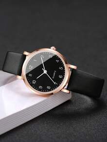 Women's PU Leather Strap Classic Digital Small Dial Elegant Quartz Watch, Gift For Girlfriend (1pc/Set) Watch Box Not Included - Black - View 4