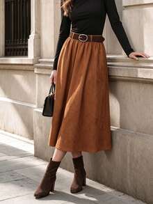Elegaris Women Fall Faux Suede Midi Skirt Elastic High Waist Pleated A‑Line Flowy Swing Skirt, Belt Not Included - Burnt Orange - View 3