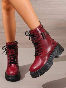 Women's Red Punk Studded Ankle Boots, Thick Sole Lace-Up Buckle Workwear Motorcycle Boots, Autumn/Winter - Burgundy - View 3