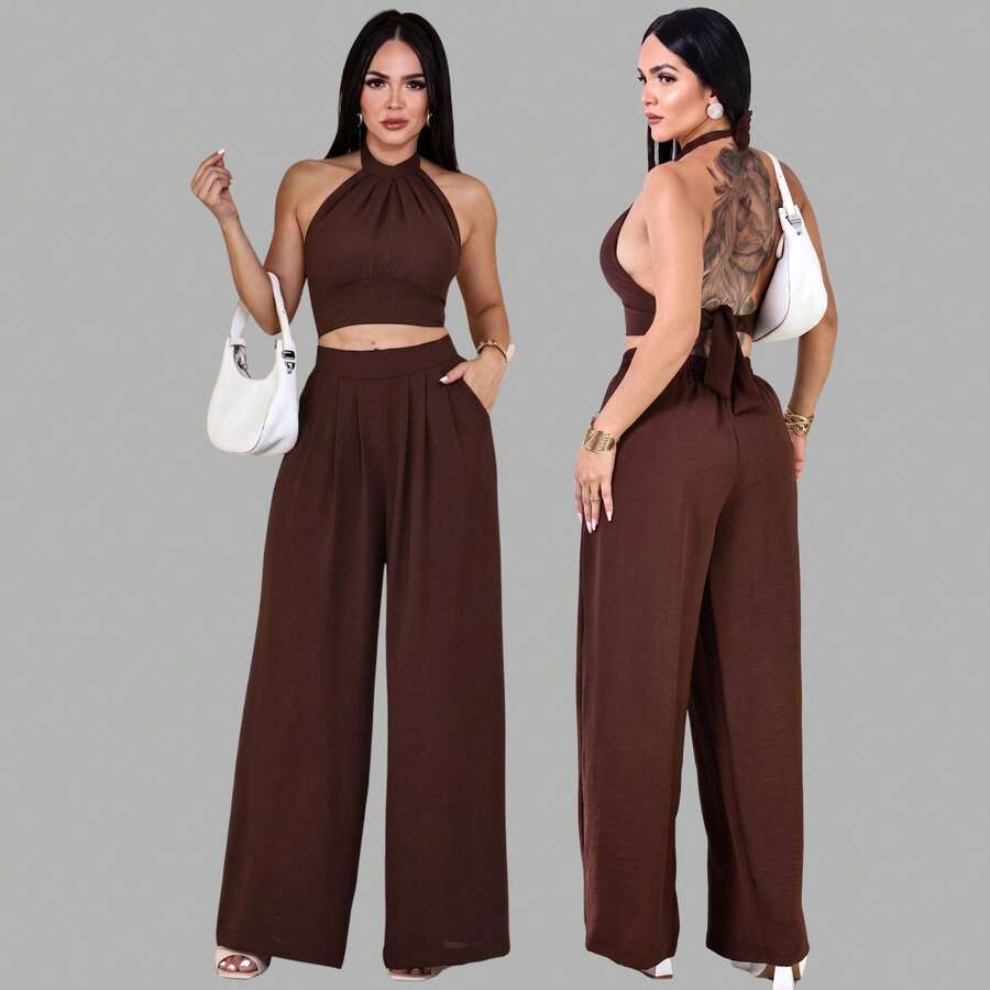 Women's Duna Cropped Top And Wide-Leg Pants Set, Summer Style - 鏽棕色 - 查看 1