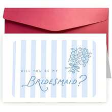 Bridesmaid Greeting Cards, Light Blue Striped Bridesmaid Proposal Card With A Hand Drawn Bouquet, Printed Elegant Stripes Bridal Party Proposal Cards, Bridesmaid Invitations - Multicolor - View 3