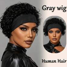 AMECIRE Headband Wig Wigs Human Hair Put On And Go Curly Wig Wigs Human Hair Short-Hair Wig Voluminous Style Suitable For Everyday Wear - Natural Black - View 9