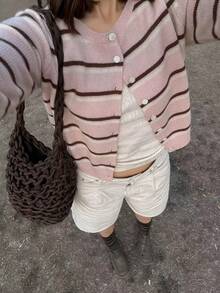 FOR BEAUTY Women's Striped Knit Cardigan, Pink & Brown Long Sleeve Round Neck Button-Up Cardigan, Y2K Casual Street Style For Summer & Autumn Fall - Multicolor - View 4