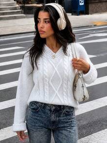 Women's White Cable Knit Diamond Pattern V-Neck Drop Shoulder Loose Sweater, College Vintage Knit Top, Suitable For Campus, Dating, Holiday, Party - White - View 7