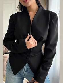 女款休閒通勤設計不對稱後綁帶收腰西裝外套，純色後綁帶不對稱前開扣，適合辦公、日常、約會，秋冬款 - 黑色 - 查看 7