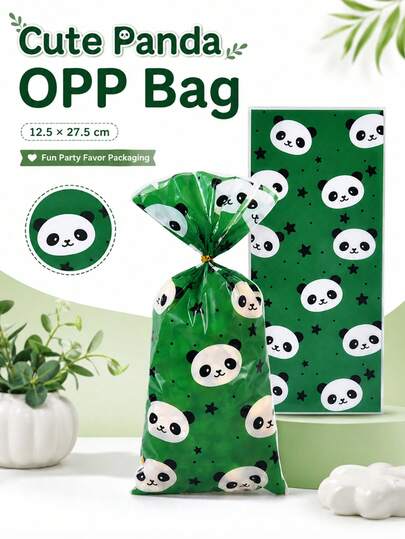 50pcs Green Panda Print OPP Snack Bags With Gold Twist Tie, Cute Cartoon Animal & Star Pattern Candy Snack Gift Packaging Bags, Transparent Party Favor Bags For Birthday Celebration, Panda Theme Dessert Table, Holiday Gifts And Baking Packaging