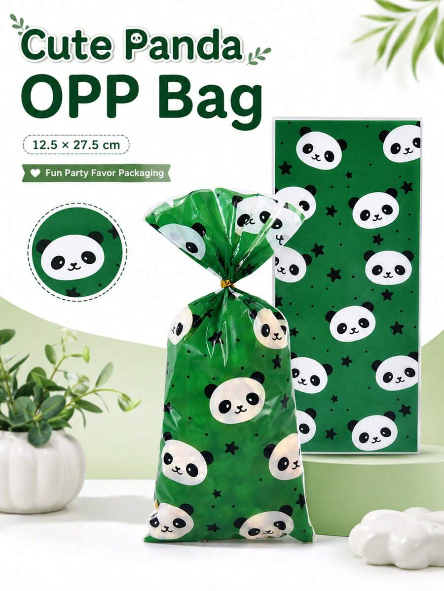 50/100pcs Green Panda Print OPP Treat Bags With Gold Twist Ties, Cute Cartoon Animal And Star Pattern Candy Snack Gift Packaging Bags, Clear Party Favor Pouches For Birthday Celebrations, Panda Theme Dessert Tables, Bakery Packaging, Reusable Bags - Multicolor - View 1