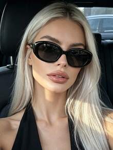1pc Large Frame Oval Vintage Fashion Glasses, Rimless Multi-Purpose Women's Eyewear, Suitable For Travel, Holidays, Street Photography, Daily Wear, Beach Accessories - Black - View 2