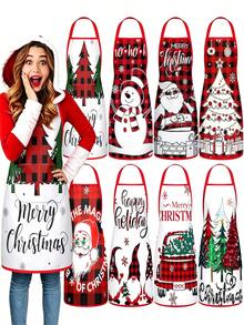 4pcs/2pcs Christmas Plaid Pattern Apron Set, Red Green Buffalo Check Xmas Truck & Reindeer Print Kitchen Cooking Baking Aprons For Holiday Party Decoration - Multicolor - View 1