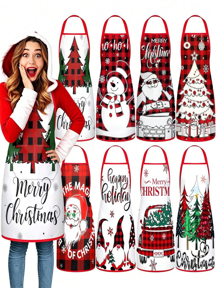 4pcs/2pcs Christmas Plaid Pattern Apron Set, Red Green Buffalo Check Xmas Truck & Reindeer Print Kitchen Cooking Baking Aprons For Holiday Party Decoration - Multicolor - View 1