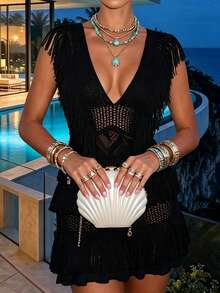 Jacquard V-Neck Fringed Textured A-Line Dress, Suitable For Party, Vacation, And Other Occasions Wedding - Ink - View 1