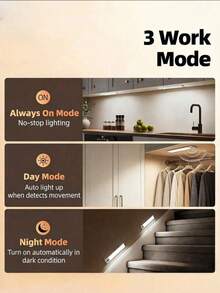 1 buah Lampu Malam Sensor Gerak LED Nirkabel, Lampu Malam Dinding Lemari, Lampu Deteksi Dapur Kamar Tidur Tangga, 3 Warna Cahaya, Baterai Isi Ulang, Pemasangan Mudah Tanpa Kabel. Untuk Dekorasi Lorong, Lemari Pakaian, dan Ruangan Rumah - MultiWarna - View 6