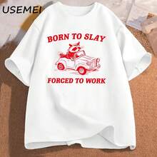 Camiseta Born To Slay Forced To Work, Camisetas Gráficas de Dibujos Animados Retro Oversize, Camiseta Meme Trash Panda, Camisetas Street Oversize - forma - Ver 1