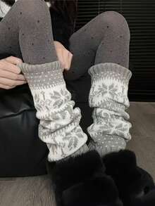 1 par de calcetines de mujer con diseño Fair Isle de copos de nieve en capas, vintage y cómodos, adecuados para otoño/invierno y looks festivos - Multicolor - Ver 3