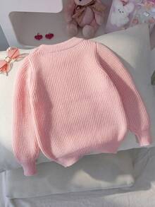 Girls' Sweet Round Neck Long Sleeve Knit Sweater With 3D Plush Bow Decor, Chunky Ribbed Texture, Casual Versatile Pullover For Daily Wear And School, Spring/Autumn/Winter - Pink - View 2