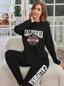 Women's 2-Piece Set Autumn/Winter American California Letter Print Long Sleeve Crew Neck Top And Slim Fit Long Pants, Perfect For Home Leisure, Yoga And Sports Wear - Black - View 1