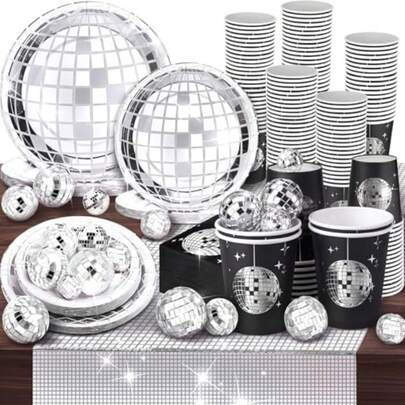 121 Piezas Suministros para Fiesta Disco de 70s Bola de Disco Platos de Papel para Cena Vasos de Papel de Disco Servilletas de Cóctel de Disco Camino de Mesa para Boda 80s 90s Picnic Negro