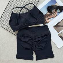 2 Pcs Set For Woman Clothes Seamless Scrunch Yoga Shorts Set Backless Sports Bra Fitness Workout Top Gym Set Black - Black - View 2