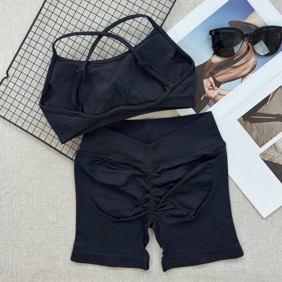 2 Pcs Set For Woman Clothes Seamless Scrunch Yoga Shorts Set Backless Sports Bra Fitness Workout Top Gym Set Black