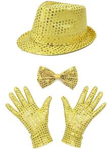 3pcs D EXCEED Disco Star Performance Costume Accessories, Unisex, Sequin Hat, Gloves, Bow Tie, Popular Stage Party Outfit, Suitable For Halloween Party, Cosplay - Multicolor - View 8