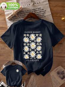 Women's Navy Blue "Florida Flower Market" Daisy Print Cotton Crew Neck Short Sleeve Casual T-Shirt, Spring/Summer/Autumn Vacation - Navy Blue - View 7